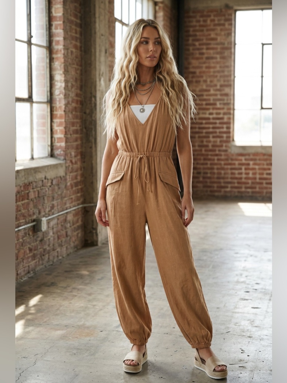 NWT Eesome Camel Washed Jogger Jumper Jumpsuit